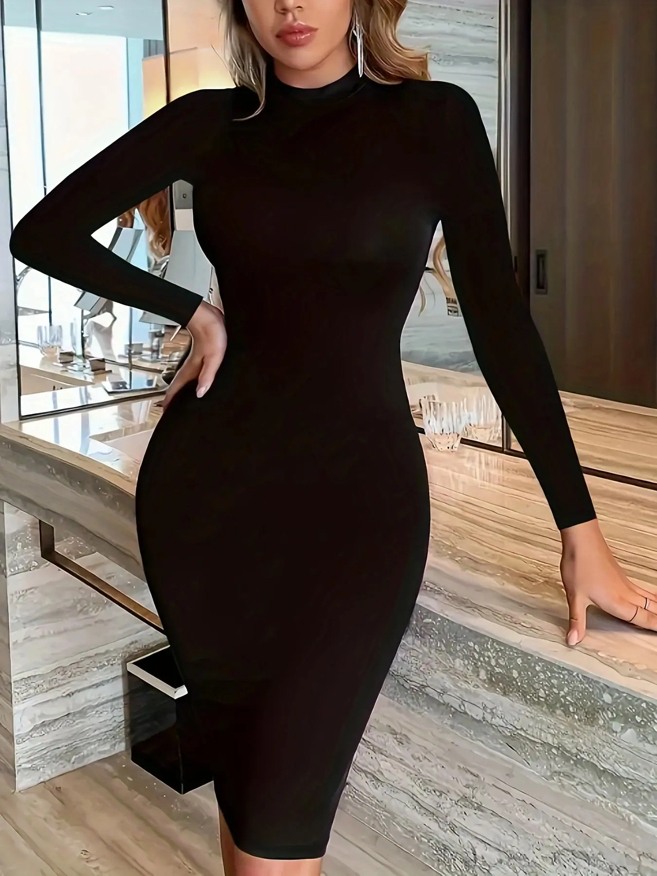 Women's Solid Mock Neck Bodycon Dress, Elegant Fashion Long Sleeve Knee Length Dress for Party Club Dating Wear, Women Dress for Spring Fall