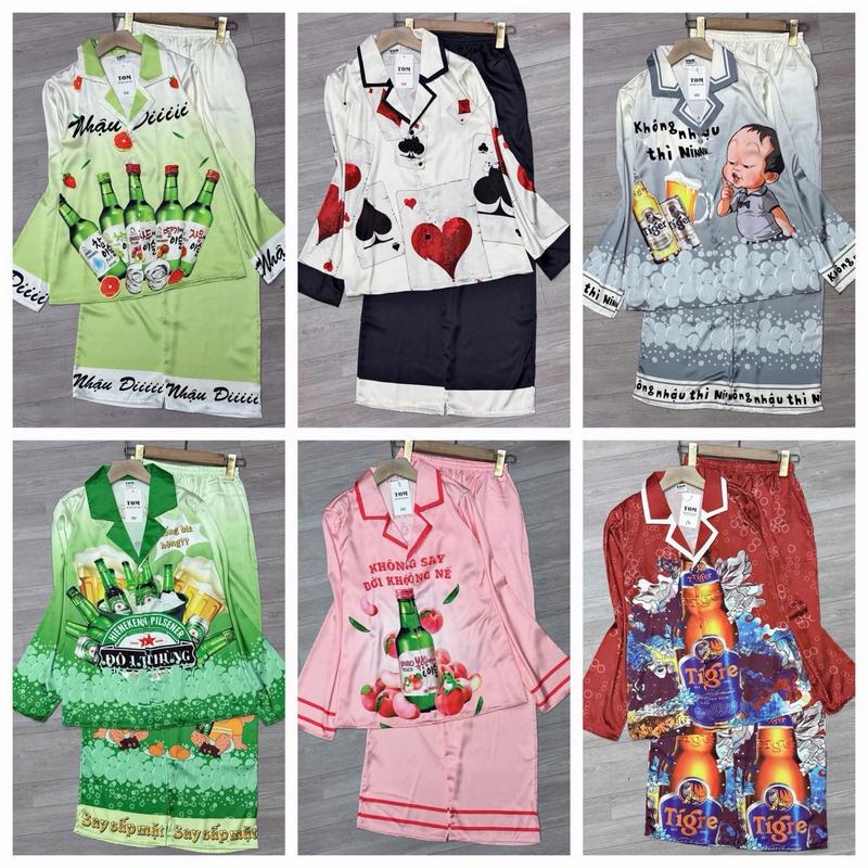 Đồ bộ pijama lụa latin tờ tằm thiết kế size 40-60kg Nữ Kem Women Tim Nhung Áo Voi Dệt Top Dài Tay