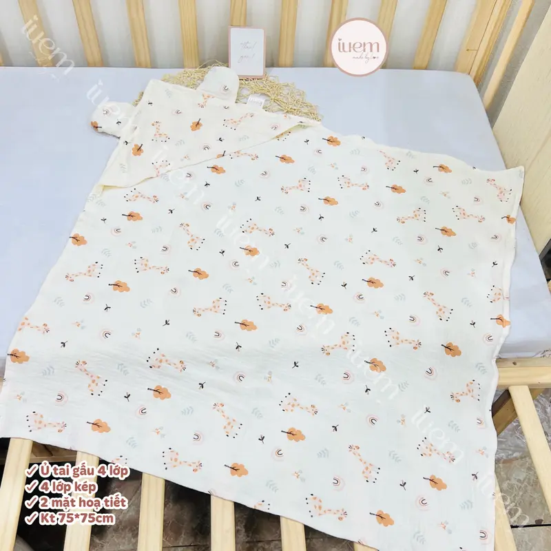 iuem Ủ choàng tai gấu kích thước 75*75cm, 4 lớp kép,  quấn ủ bảo vệ cho bé sơ sinh, ủ mềm mát, nhẹ thoáng, kết hợp làm khăn tắm cho bé 4