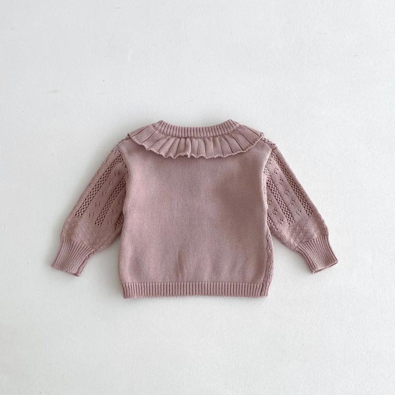 Product Introduction of Korean Baby Girl Autumn Hollow Out Sweater Cardigan Kids Fashion Cotton Ruffle Collar Knitted Jacket Spring Solid Outerwear Coat 18