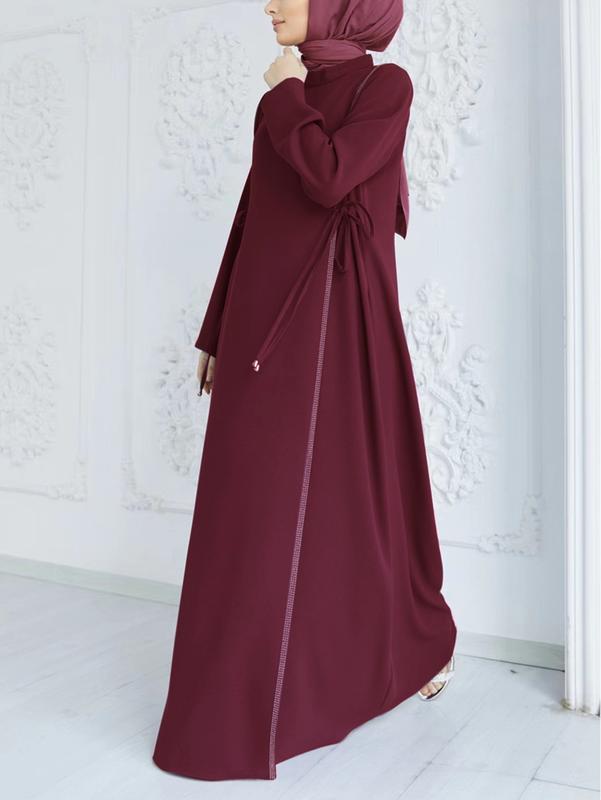 Product Introduction of Muslim Middle East Simple Women's Clothing Long Dress round Neck Solid Color A- line Skirt Long Sleeve Lace Dress 6