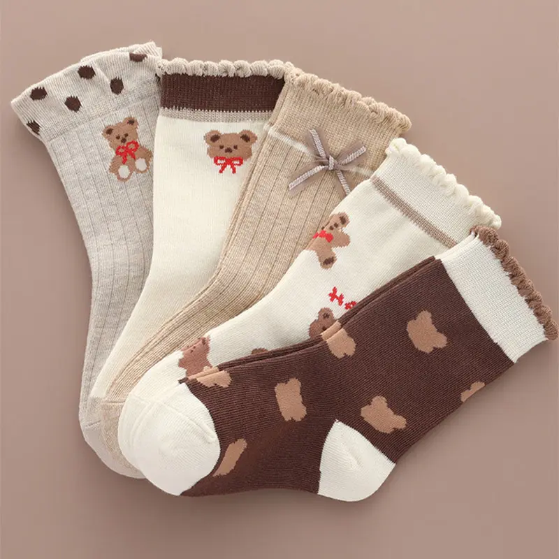 Tất Cotton Ấm Áp Cho Bé, 5 Đôi / lô, Gấu Hoạt Hình, Mùa Thu Đông, Cho Trẻ Mới Biết Đi, Bé Trai Và Bé Gái, Nơ In Hình Dễ Thương, Tất Ống Giữa Cho Trẻ Em 5
