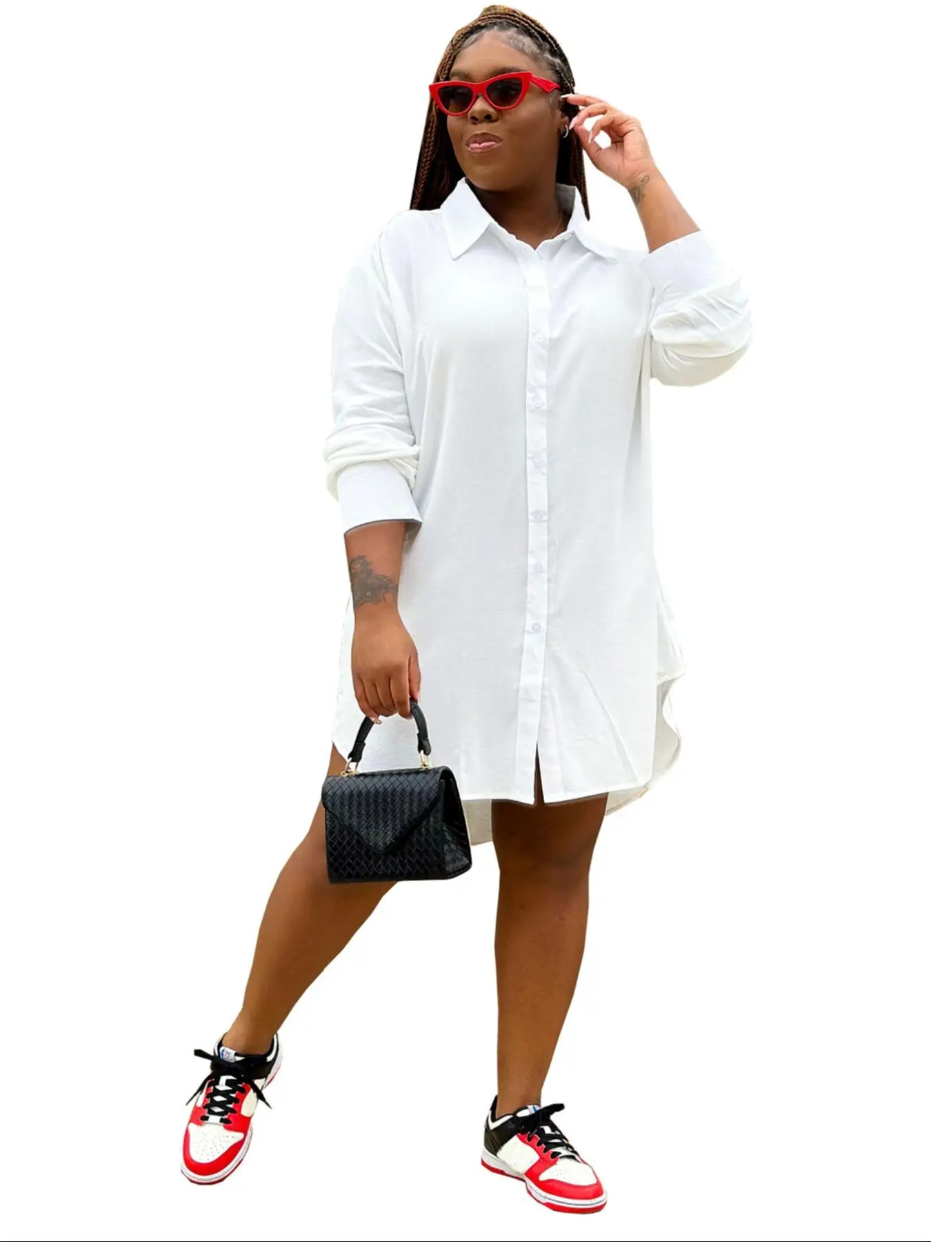 Plus Size Plain Button Front Asymmetrical Hem Shirt Dress, Plus Casual Long Sleeve Collared Dress for Daily Outdoor Wear, Women Plus Clothing for All Seasons