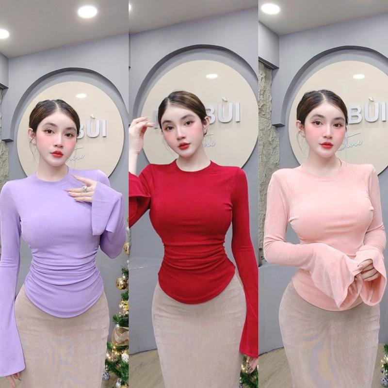 A3 - Áo Tay Loe Dài Nhũ Vạt Bầu Nhún Eo Mai Bùi Store Top Thun
