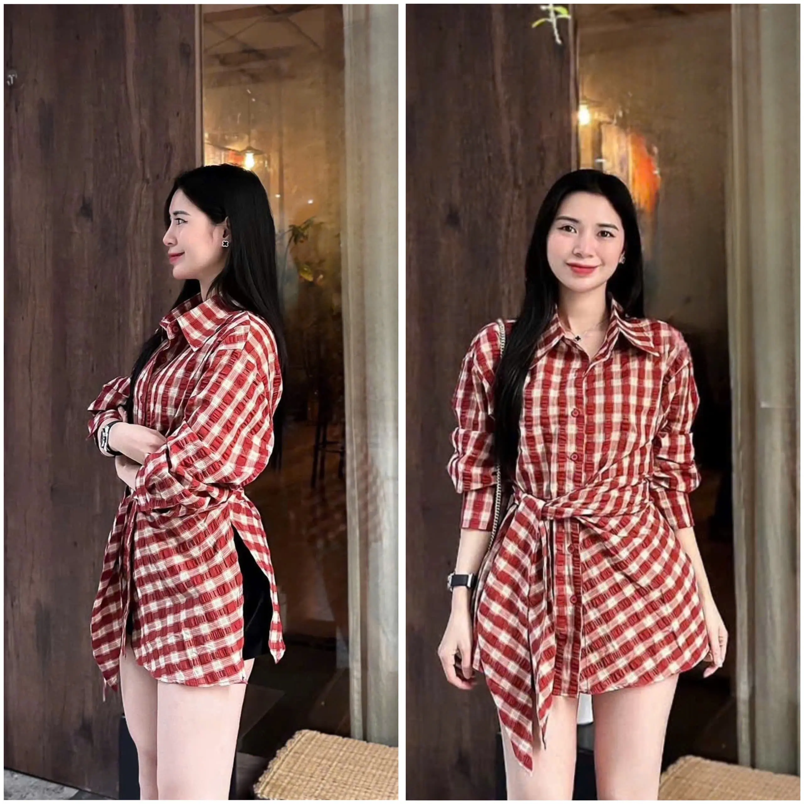 Sét đồ nữ vơi thiết kế sơ mi caro cột nơ kèm quần kaki năng động cho nàng tự tin dạo phố