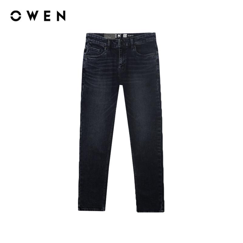 OWEN - Quần jeans Nam Slim Fit QJS231895 màu Xanh vừa chất liệu Cotton Spandex Hoạ tiết Trơn Menswear