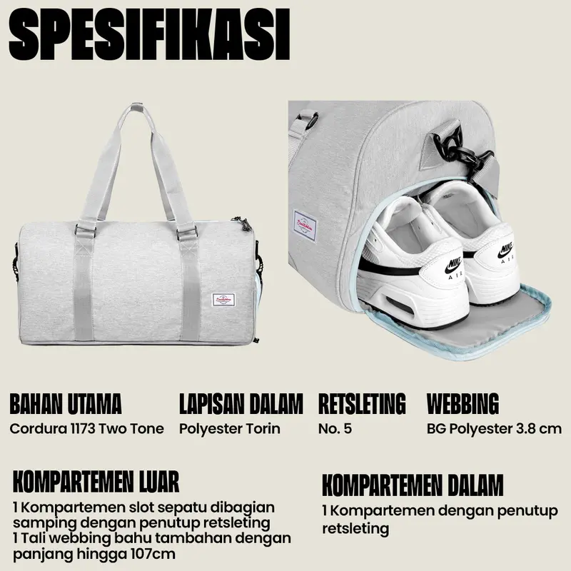 Scratchline Tourmaline Grey Duffle Bag Tas Travel Besar/Travel Bag Duffel/ Portable Gym Bag/ Tas Fitnes/ Tas Handcarry Duffle / Weekender Bag/Tas Travel Pria dan Wanita travel  bag 6