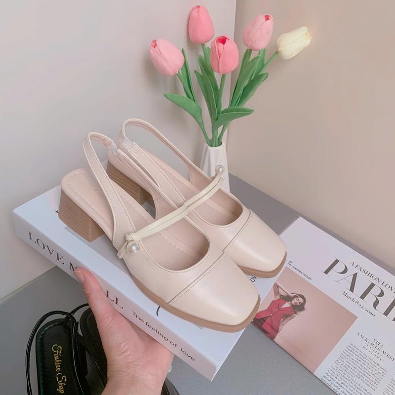  Giày Sandal Cao Gót Nữ Mũi Vuông Đính Ngọc Trai Đế Cao 5cm - Đen Kem  Size 35-39  
