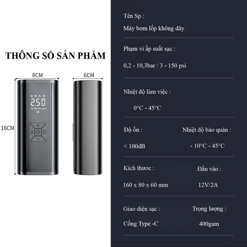 Máy bơm lốp xe hơi, máy bơm không khí không dây bơm nhanh tích hợp đèn báo sạc dự phòng. Bảo hành 12 tháng toàn quốc, đổi mới 7 ngày nếu lỗi. 1