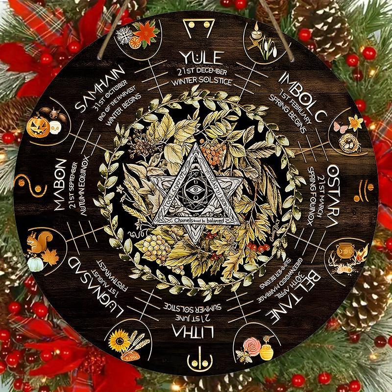 Product Introduction of Wooden Christmas Halloween Hanging Sign, 2D Relief Effect Artistic Wheel Year Wooden Wreath Sign, Hanging Decor for Yard Balcony Door 2