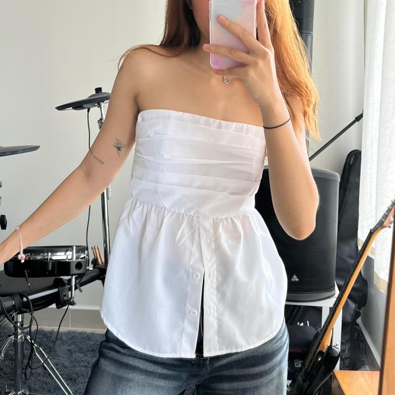 Áo ống cúp nguc dáng xoè RENSI quây chun xếp ly cài nút sơ mi ôm gọn A01 Nữ Top Trắng 5