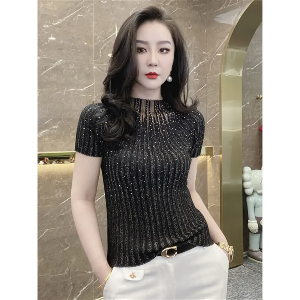 Áo Thun Dệt Kim Ngắn Tay Thời Trang, Hàng Mới Về, Đính Kim Cương, Cơ Sở Công Nghiệp Nặng, Thanh Lịch Và Mỏng Vừa Vặn, Áo Bó Sát Thích Hợp Cho Mùa Hè 2024, Phong Cách Ins Nữ Women Top Cổ Tròn