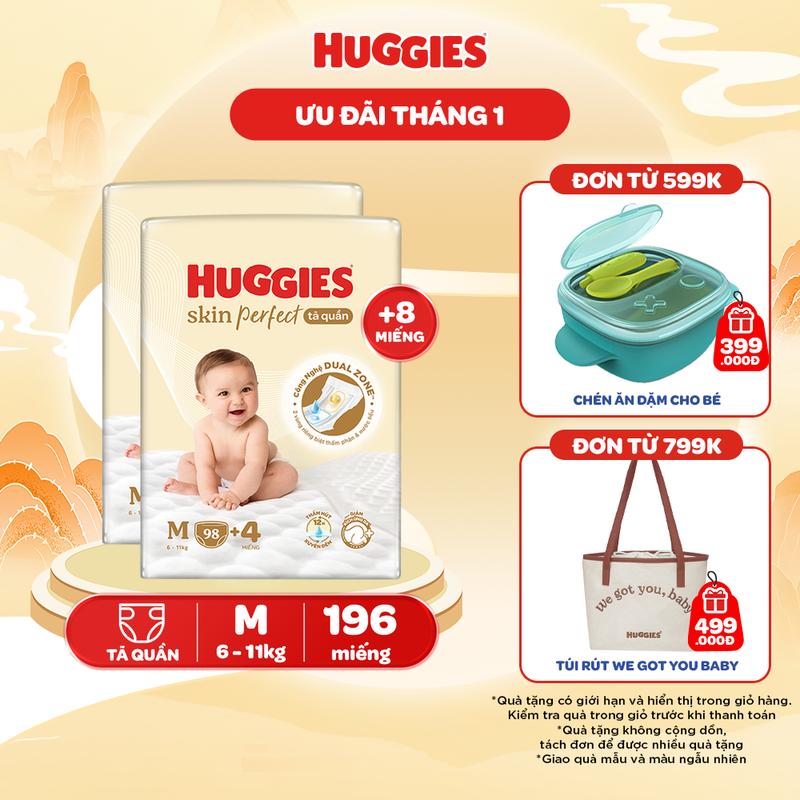 Combo 2 gói Tã quần Huggies Skin Perfect Mega Jumbo với 2 vùng thấm giảm kích ứng da Size M 98+4/L 88+4/XL 72+4/XXL 64+4
