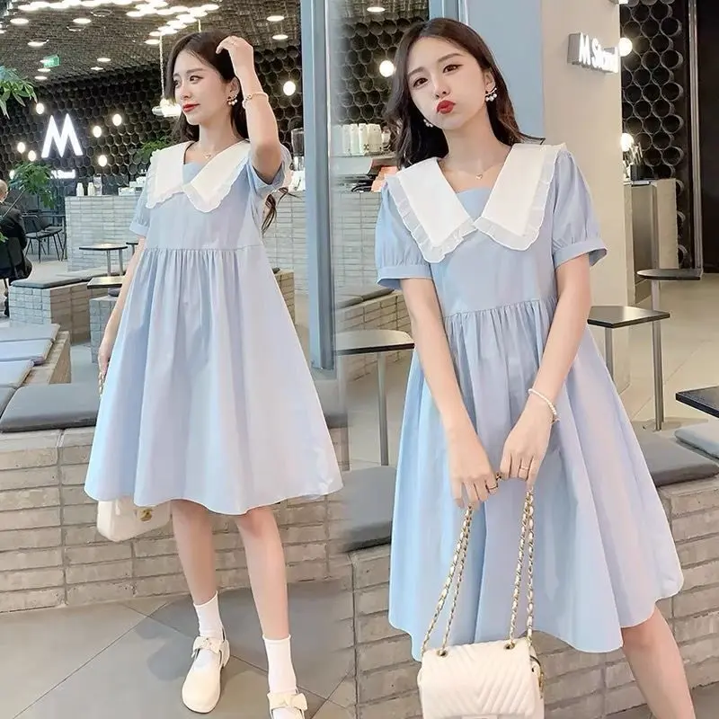 ชุดฤดูร้อนสำหรับสตรีมีครรภ์, แฟชั่น, อินเทรนด์, ความยาวปานกลาง, กระโปรงคอปกตุ๊กตาหวาน, ชุดสูทสองชิ้น, เหมาะสำหรับสตรีมีครรภ์, อินเทรนด์, เสื้อผ้าผู้หญิง
