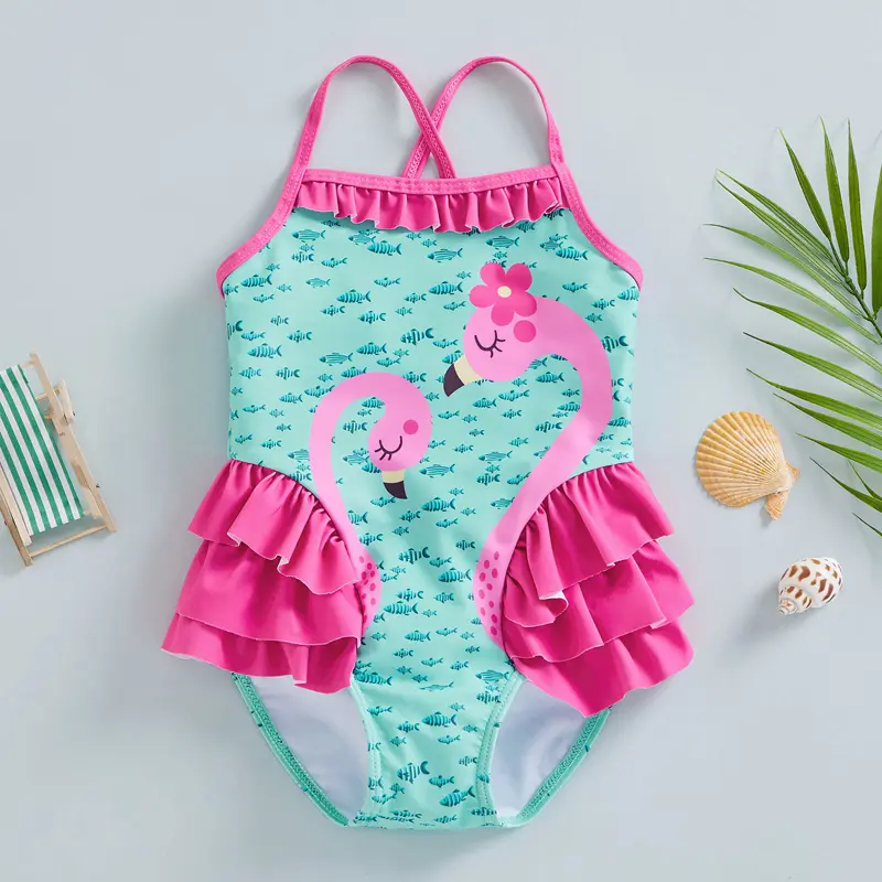 Bikini Áo Jumpsuit Quần Mùa Hè Cho Bé Gái Mới Biết Đi, Áo Tắm Xếp Ly Không Tay In Hình Cá Nhỏ Hồng Hạc, Mềm Mại Và Thoải Mái, Thời Trang, Thích Hợp Để Bơi Lội, Đi Biển, Xanh Lá Cây, Hồng, Đáng Yêu, Thích Hợp Cho 18-24 Tháng, 2-6 Tuổi 0