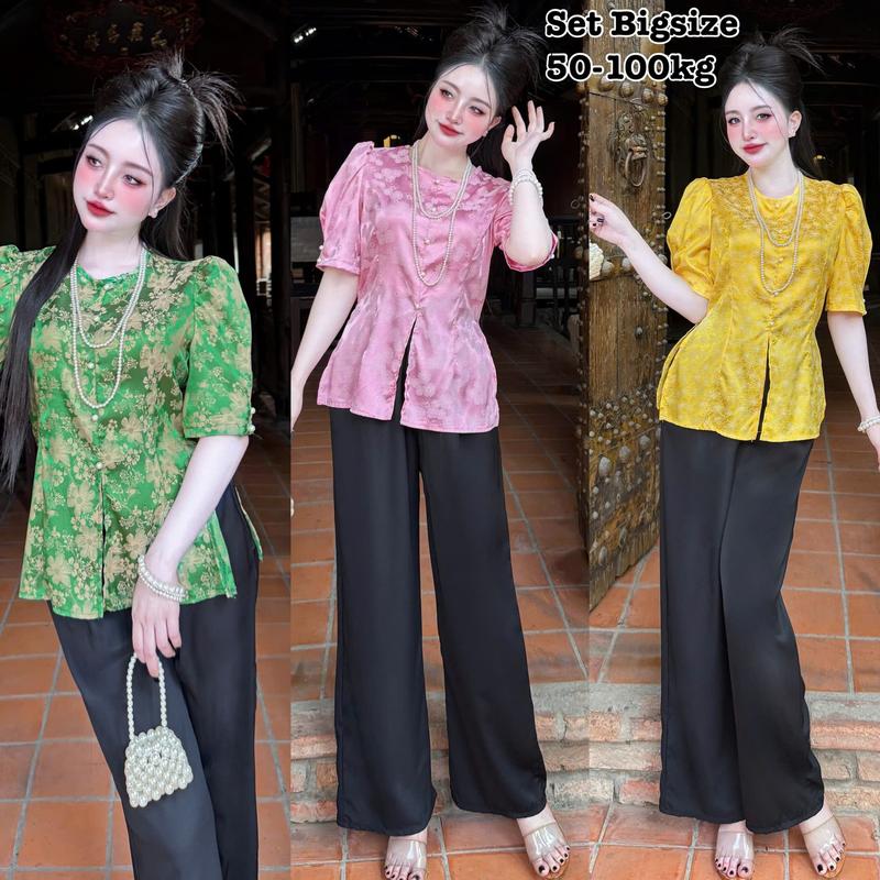Set Bộ Đồ Bà Ba Bigsize Nữ Pháp Phục Đi Lễ Chùa Áo Gấm Hoa Cổ Tròn Đính Ngọc Trai Kèm Quần Dài Vải Lụa Mango Cao Cấp Thanh Lịch Sang Trọng 50-95kg Áo Top Đồ Lam Pháp Phục Bigsize Women Tay Loe Nhung Ống Loe Dài Tay Đen Voi Ong - 2342