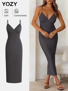 YOZY Women's Solid Backless Split Hem Ribbed Cami Dress, Casual Adjustable Strap Bodycon Dress for Summer, Women's Clothing for Daily Wear