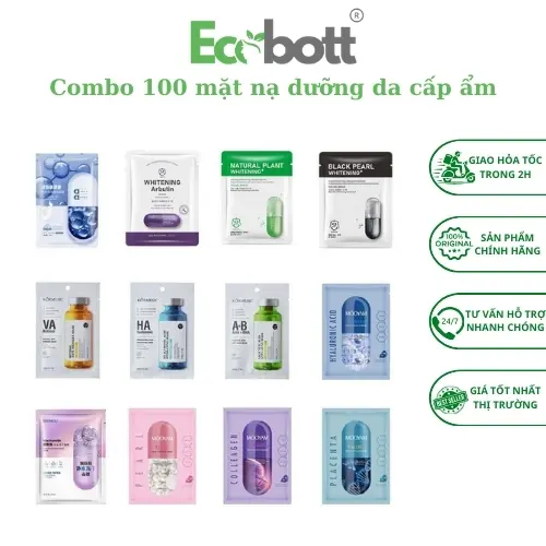 Combo sỉ 100 miếng mặt nạ dưỡng ẩm dưỡng trắng cho da mix vị trái cây tinh chất Ecobott