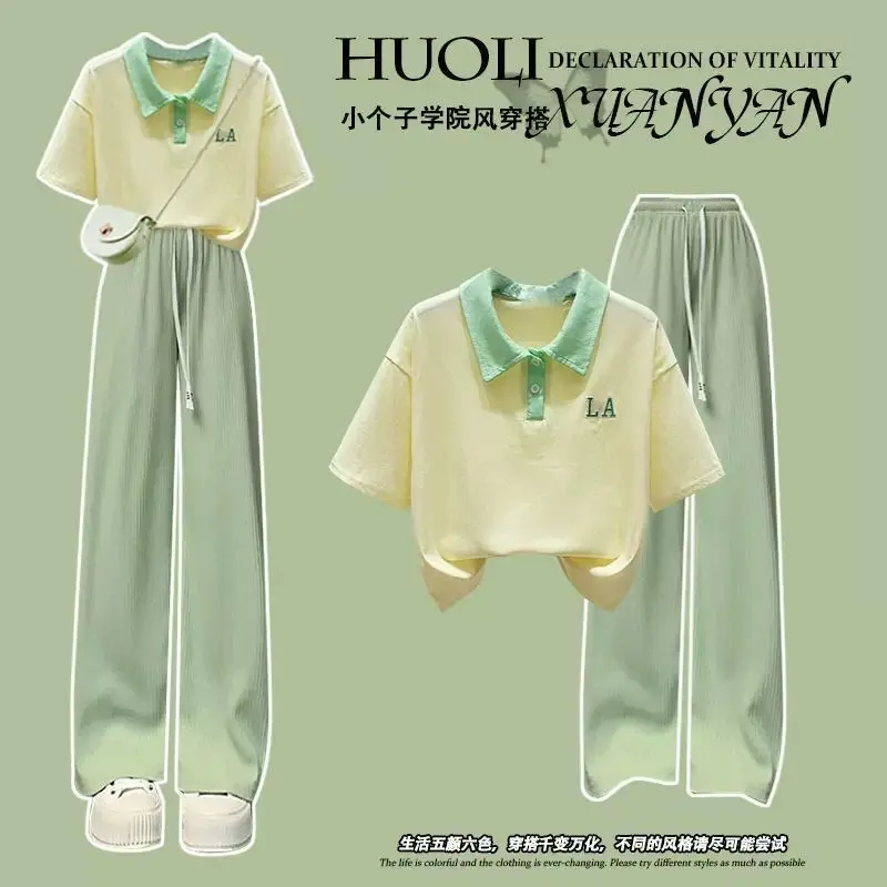 Bộ Đồ Học Sinh, Phong Cách Hàn Quốc, Dáng Rộng Vừa Vặn, Phong Cách Preppy, Áo Phông Cổ Polo, Quần Ống Rộng Thường Ngày Bộ Đồ Hai Mảnh, Thời Trang, Thích Hợp Cho Mùa Hè 2025