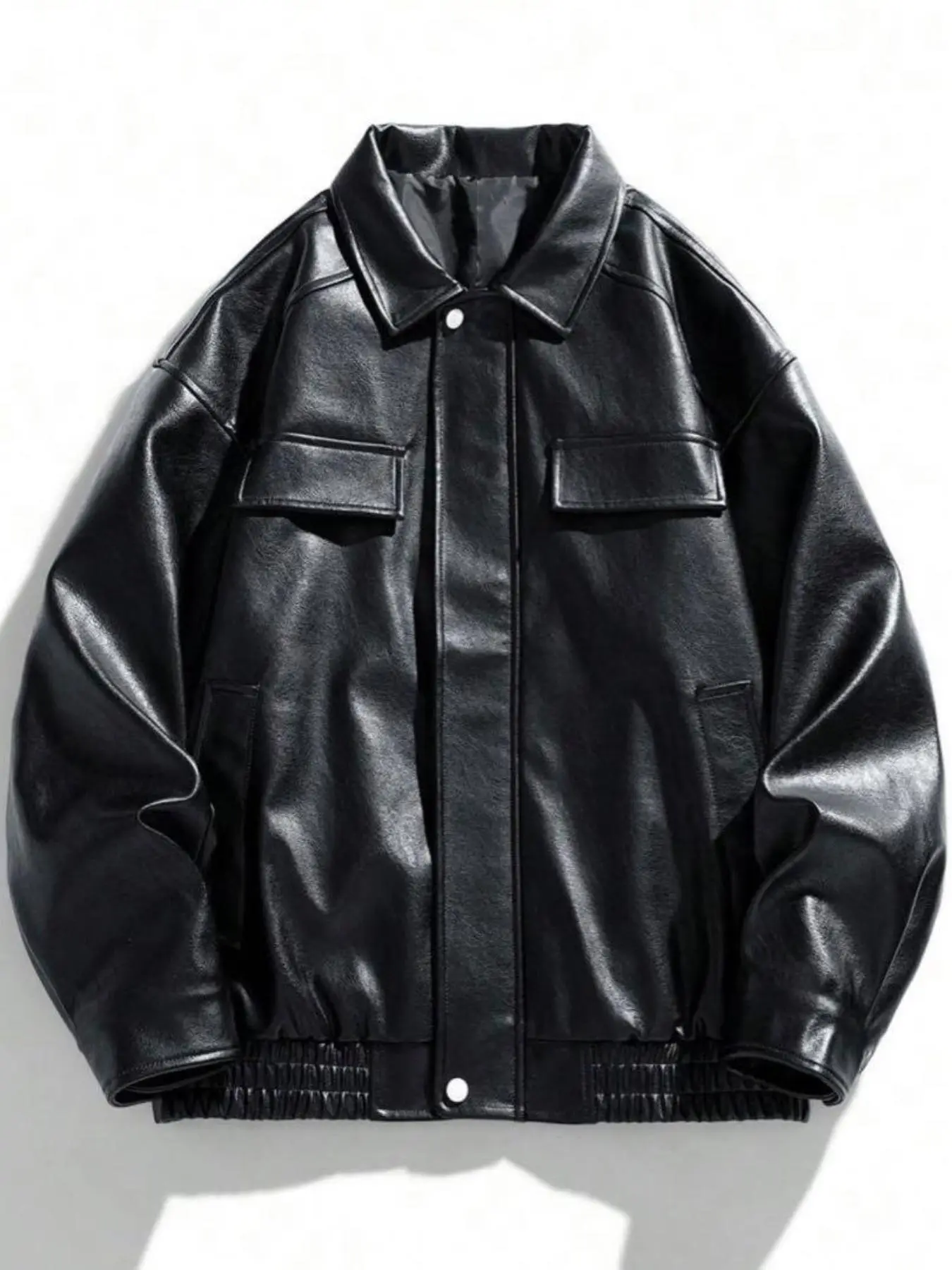 Men's Solid Pocket Buttons PU Leather Jacket, Regular Fit Street Fashion Long Sleeve Outerwear for Daily Wear, Men's Clothing for Fall & Winter