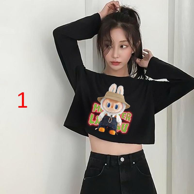 áo LABUBU áo hottrend, áo croptop rộng tay dài, croptop rộng, croptop sát nát, áo tập nữ, áo croptop vải mát mềm mịn hình in đẹp Women Cổ Tròn 1
