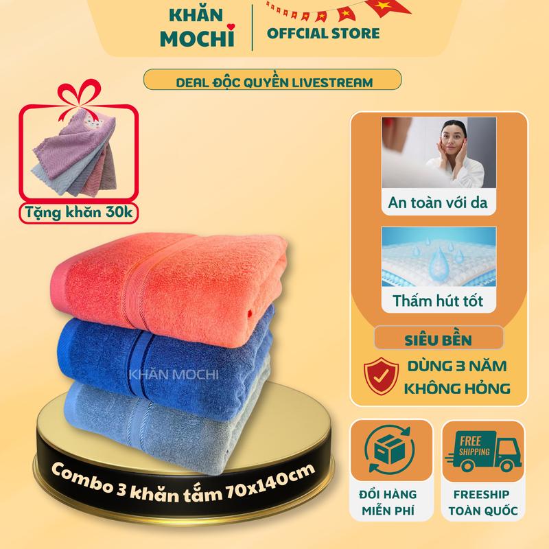 Set 3 khăn tắm cỡ 70x140cm Mochi ( cùng size ) cotton dày dặn thấm hút dùng trong Nhà Tắm. khách sạn,gia đình - Tặng 5 khăn lông cừu