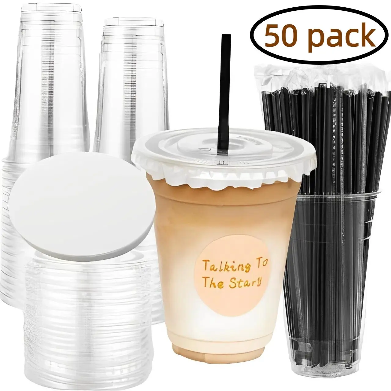 16oz Disposable Plastic Coffee Cup with Lid & Straw & Leak Proof Paper, 50 Sets Clear Disposable Cup with 5pcs Stickers, Drinking Cup for Coffee, Milkshake, Fruit Tea, Smoothie