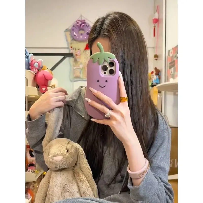 Ốp Điện Thoại Hình Cà tím Tím Hoạt Hình, Thiết Kế Độc Đáo, Tương Thích Với iPhone 16promax, Apple 15 / 14, Mới Iphone13 / 12, Chất Liệu Mềm Phụ Kiện 1