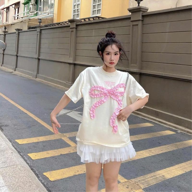 Áo cổ tròn thêu nổi nơ rúm chất cotton   form 40_65kg phong cách hàn quốc top women nữ  thun nỉ 6