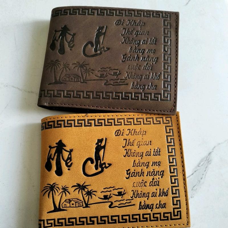  Bóp nam khắc chữ cha mẹ Da PU Chủ thẻ Ví gập ba Ví ngắn 