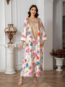 Women's Floral Print Long Sleeve Dress, Elegant Round Neck Long Dress for Daily Wear, Ladies Islamic Clothing for All Seasons