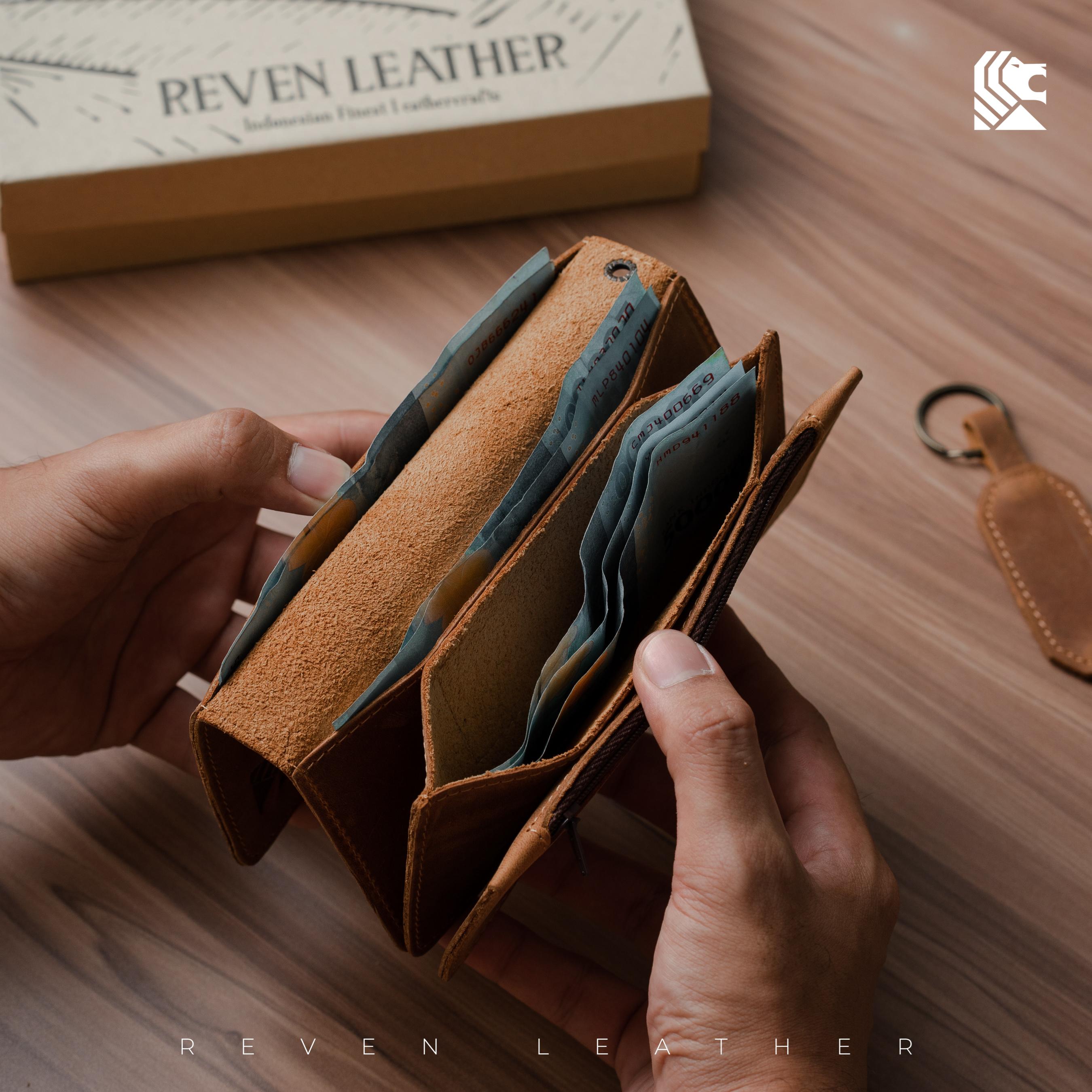 REVEN Bontage Dompet Panjang Lipat 2 Pria Kulit Asli Crazy Horse Klasik Keren Total 9 Slot Ruang Koin Resleting Kancing Klip Pouch HP Rantai Pengaman Untuk Motoran Gaya Cowok