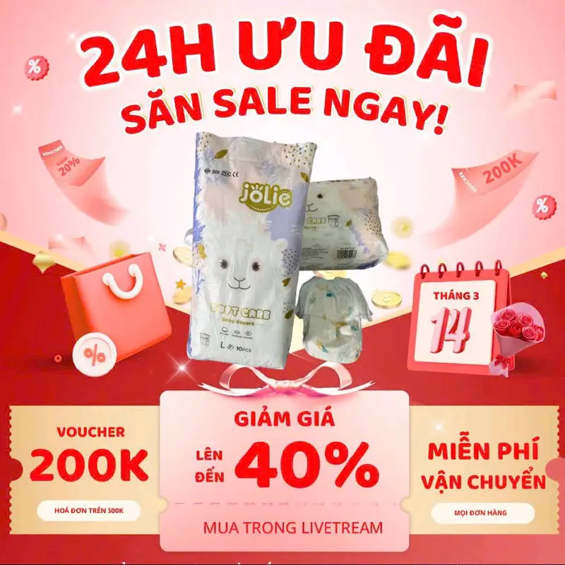 (Miễn ship) Combo 100 miếng bỉm quần/tã dán JOLIE loại 1, đủ size M/L/XL/2XL/3XL/4XL cho bé cotton mát lạnh tã dán và tã quần 0