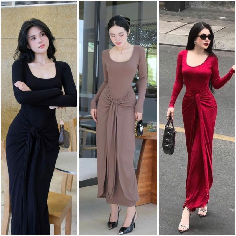ĐẦM TAY DÀI CỔ U, XOẮN GIỮA (40kg-55kg), chất thun tăm lạnh Nữ Women [GL70019] Dress Voi 0
