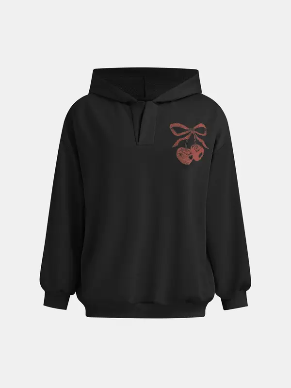 YOZY Women's Cherry Print Drop Shoulder Hoodie, Fashion Casual Long Sleeve Hooded Sweatshirt for Daily Holiday Outdoor Wear, Women Clothing for Fall & Winter 7