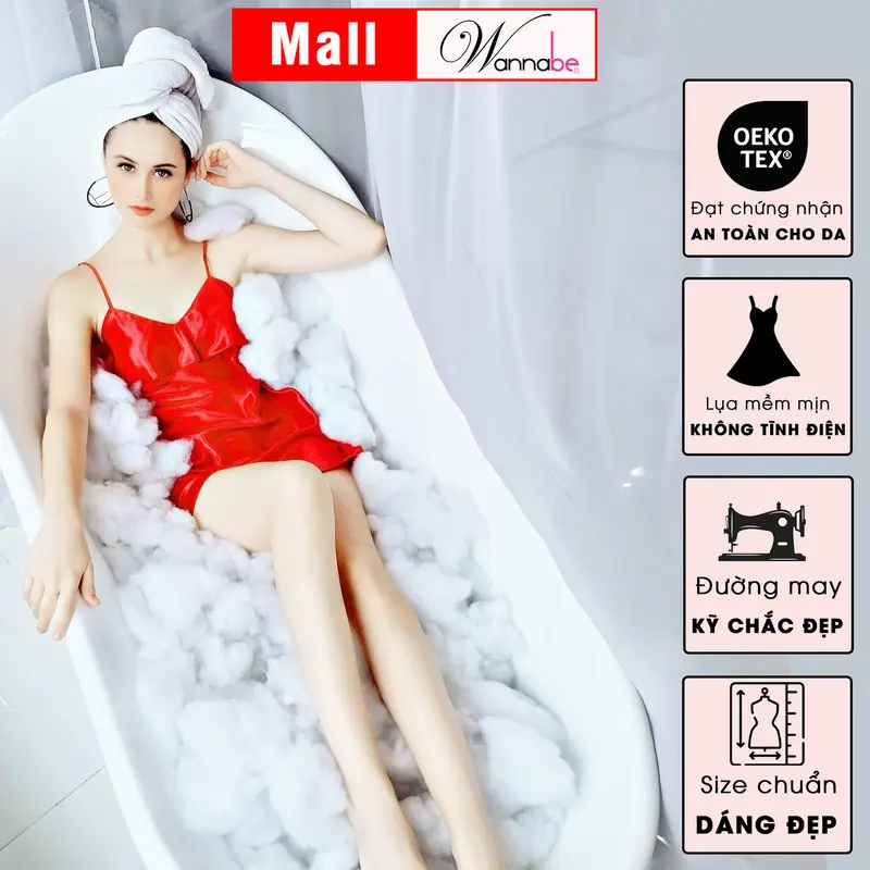 Đầm ngủ lụa WANNABE váy ngủ 2 dây phối bèo ngực che vòng 1 kín đáo nhưng vẫn nữ tính mang lại vẻ xinh tươi cho bạn gái Women Dress Kem Nhung dam ngu lua phi DNS05 8