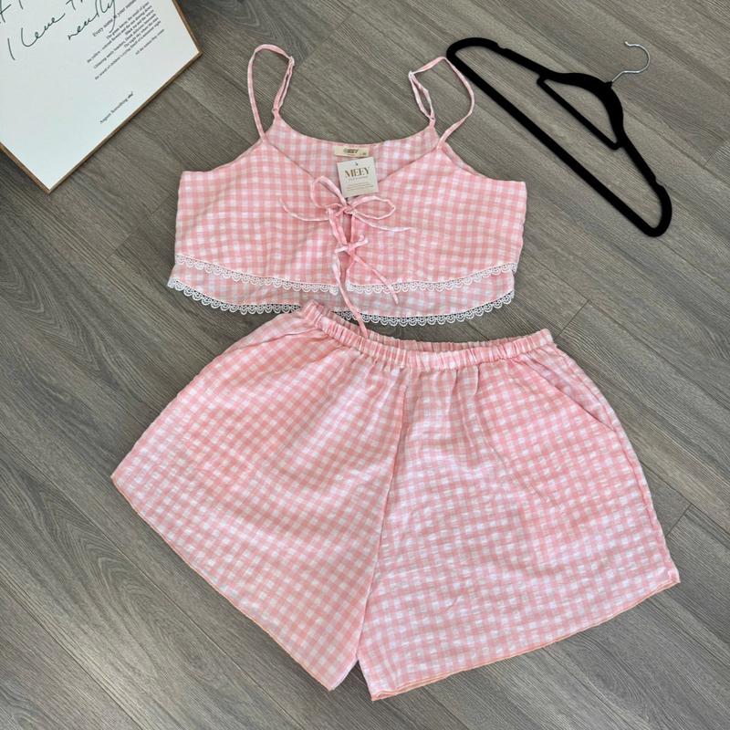 [MEEY] - Đồ bộ bigsize 47-90kg chất caro cotton màu hồng pastel xinh yêu (2 kiểu: thân liền và nơ cột) 4