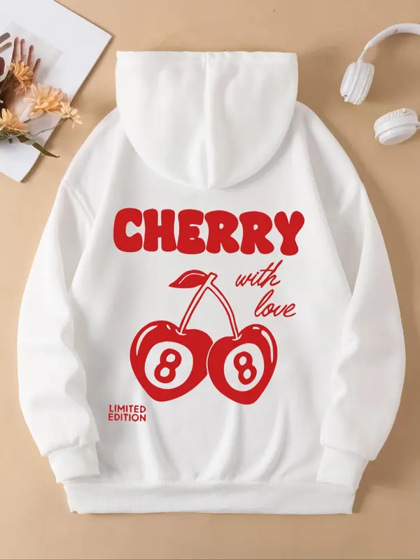 【Plus Size】 Cherry & Letter Print Thermal Lined Hoodie, Fashion Casual Drawstring Pocket Cherry Hoodie for Daily Holiday Outdoor Wear, Hoodies for Women, Yoga Hoodie, Women Clothing for Fall & Winter, Curve Fashion 2