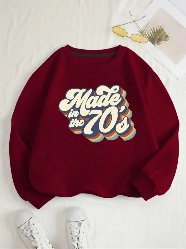 Women's "Made in the 70's" Round Neck Graphic Sweatshirt, Fashion Casual Crew Neck Long Sleeve Pullover for Daily Outdoor Wear, Women's Clothes for Fall & Winter 6