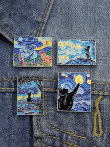 Broche con Patrón de Pintura Artística de Cielo Estrellado de Van Gogh, 4 Piezas de Broche de Aleación con Gráfico de Gato Lindo para Decoración de Ropa Diaria, Broche Exquisito y Moderno Comodín para Regalo de Cumpleaños