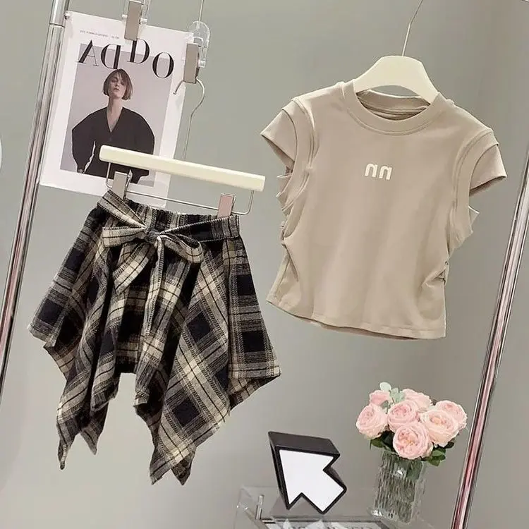 Bộ Đồ Hai Mảnh Thời Trang, Áo Phông Ngắn Tay Mùa hè, Váy Tartan, Có Nơ, Dành Cho Bé Gái, Hàng Mới Về, 2025