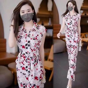 Fashion Wide Leg Pants Sets Women Korean New Style Foreign Flavour Temperament twinset Lady age reduction Showing Slim Chiffon Two Piece Suit