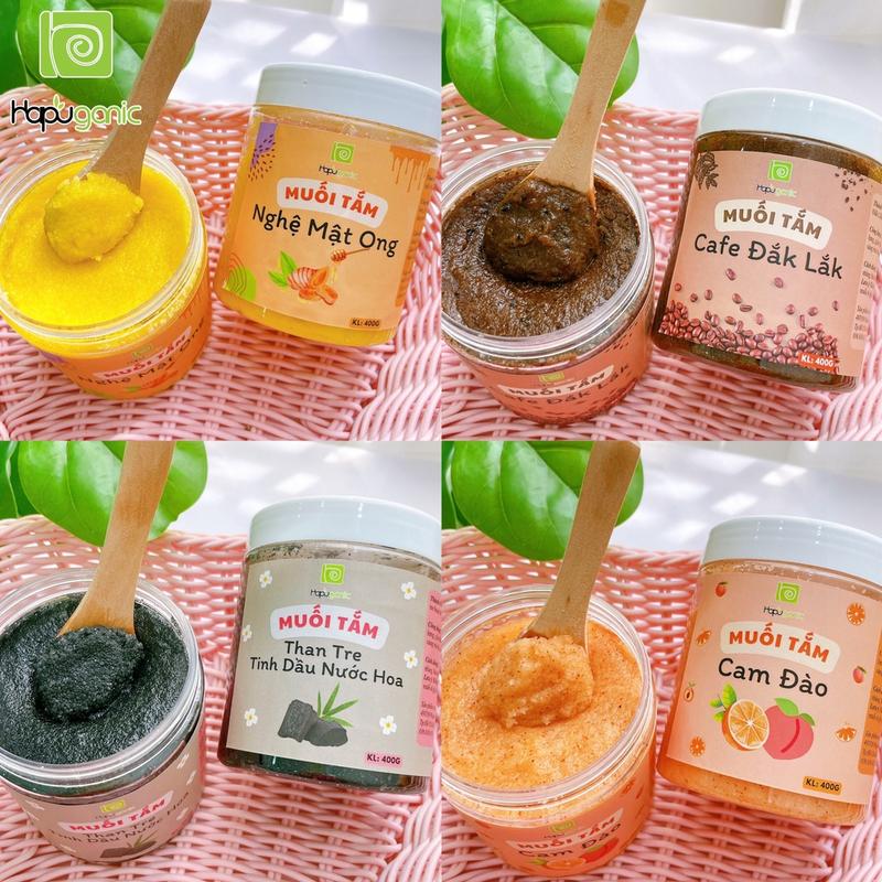 4 LOẠI Muối Tắm Tẩy Da Chết Làm Mịn và Sáng Da Và Giảm Thâm Toàn Thân Bath Salt Scrub Hapuganic Nghê Mật Ong Cà Phê Đăk Lăk Than Tre và Cam Đào.
