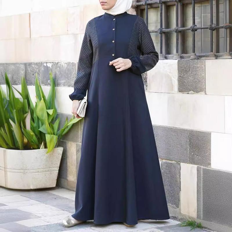 2024 New Arabic Ethnic Style Solid Color Button Patchwork Women's Muslim Long Robe 1