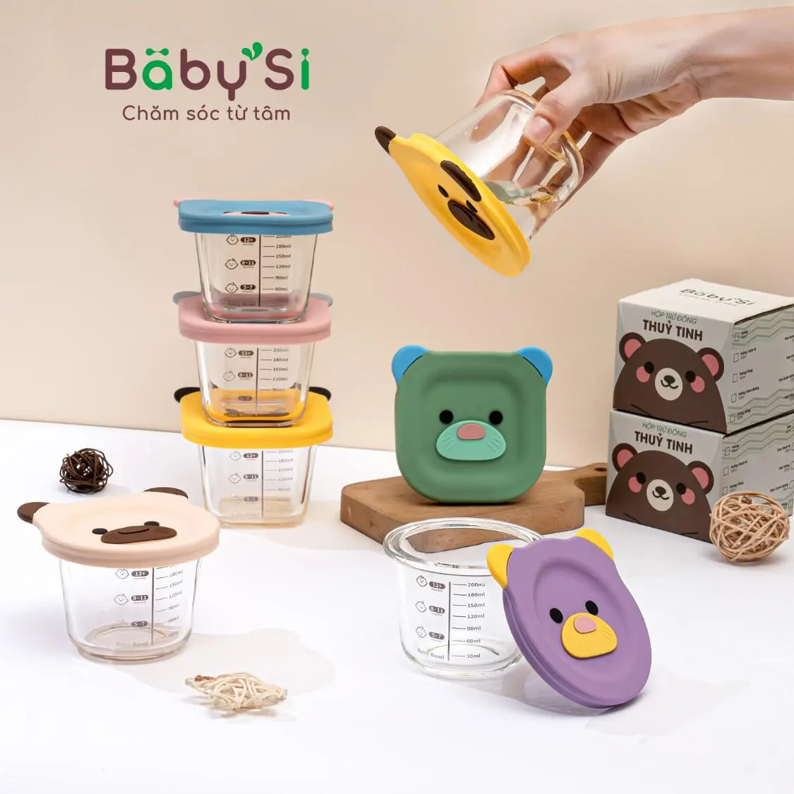 Hộp Thủy Tinh Trữ Đồ Ăn Dặm BaBy's,Hộp Trữ Đông Có Nắp Đậy Silicone Chia Vạch Có Van Thoát Khí