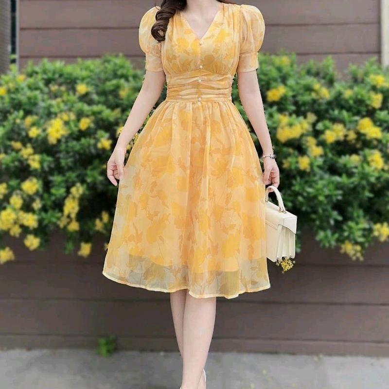 Đầm voan hoa tay phồng đính cườm eo đi chơi đi tiệc đều xinh 1
