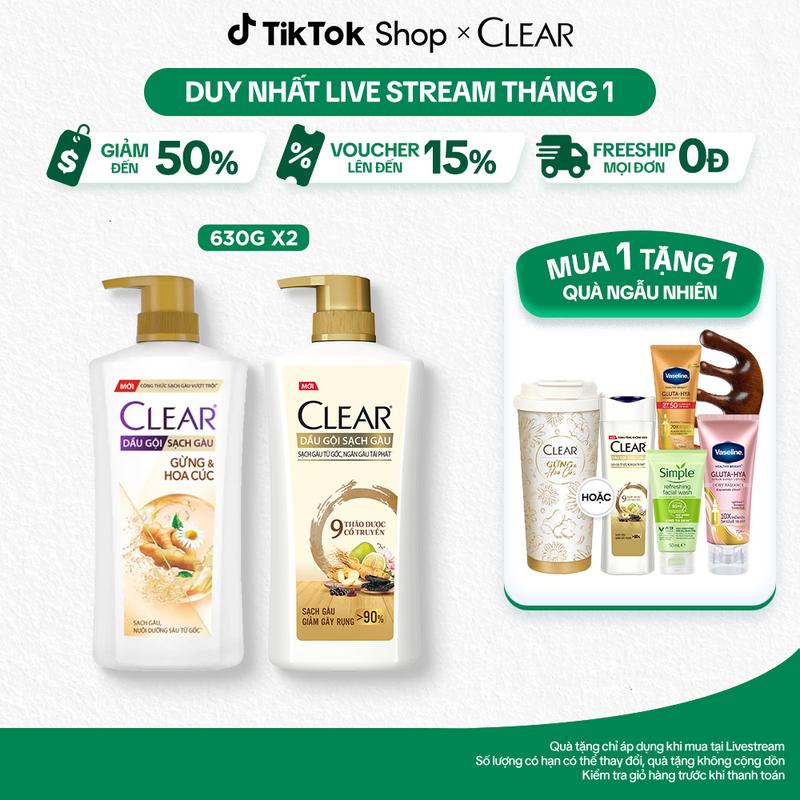 1 COMBO 2 DẦU GỘI CLEAR GỪNG & HOA CÚC VÀ 9 THẢO DƯỢC CỔ TRUYỀN 2x630G