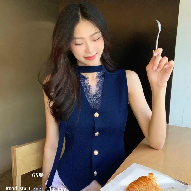 Áo Ba Lỗ Dệt Kim Cổ Chữ V, Trang Trí Ren Kiểu Pháp, Không Tay, Áo Cơ Sở, Để Lớp Nếp Nữ Women Top Denim 1