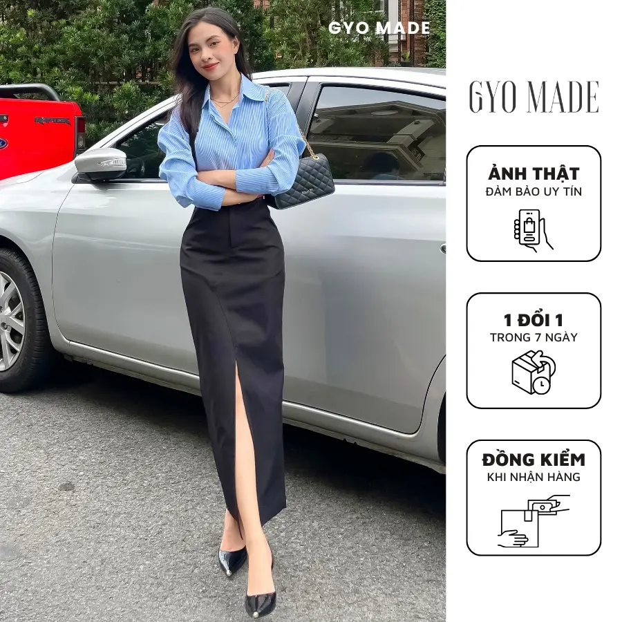 Chân Váy Xẻ Giữa Dáng Dài Gyo Made Phong Cách Công Sở Chất Liệu Bố Hàn, 2 Lớp, Không Nhăn | GV017B
