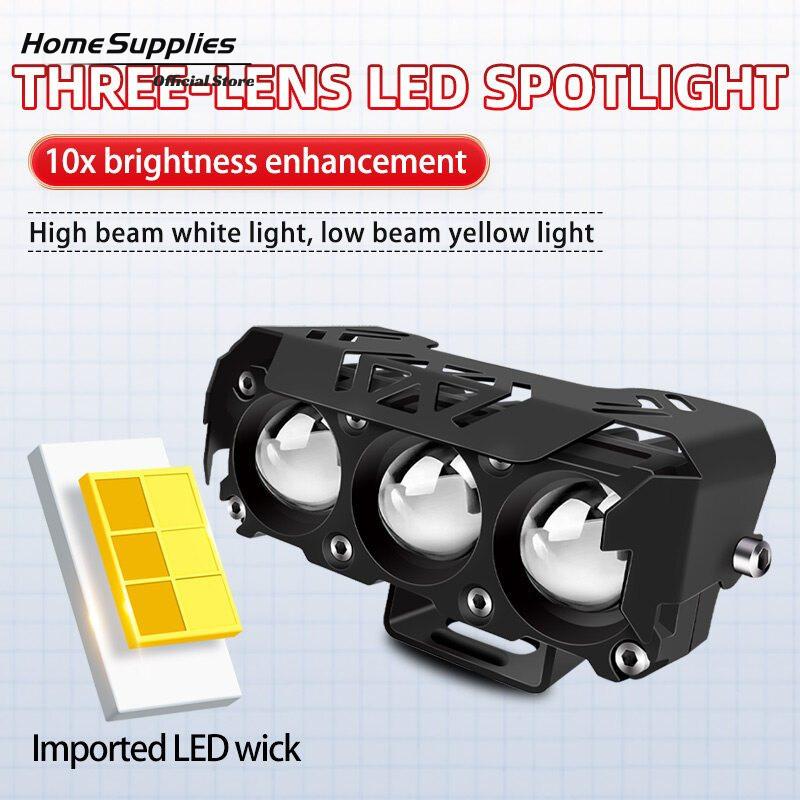  Đèn LED trợ sáng 3 mắt bi cầu 3 chế độ pha trắng - cos vàng siêu sáng dùng chung điện áp 12 24v cho ô tô -xe tải -xe máy 